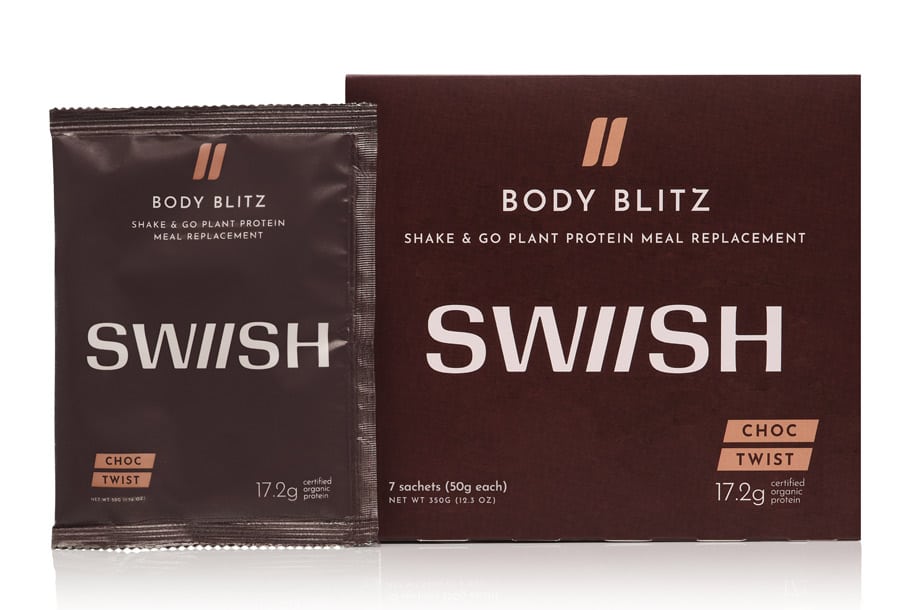 Box of SWIISH Body Blitz Choc Twist Meal Replacement shake with sachet beside box